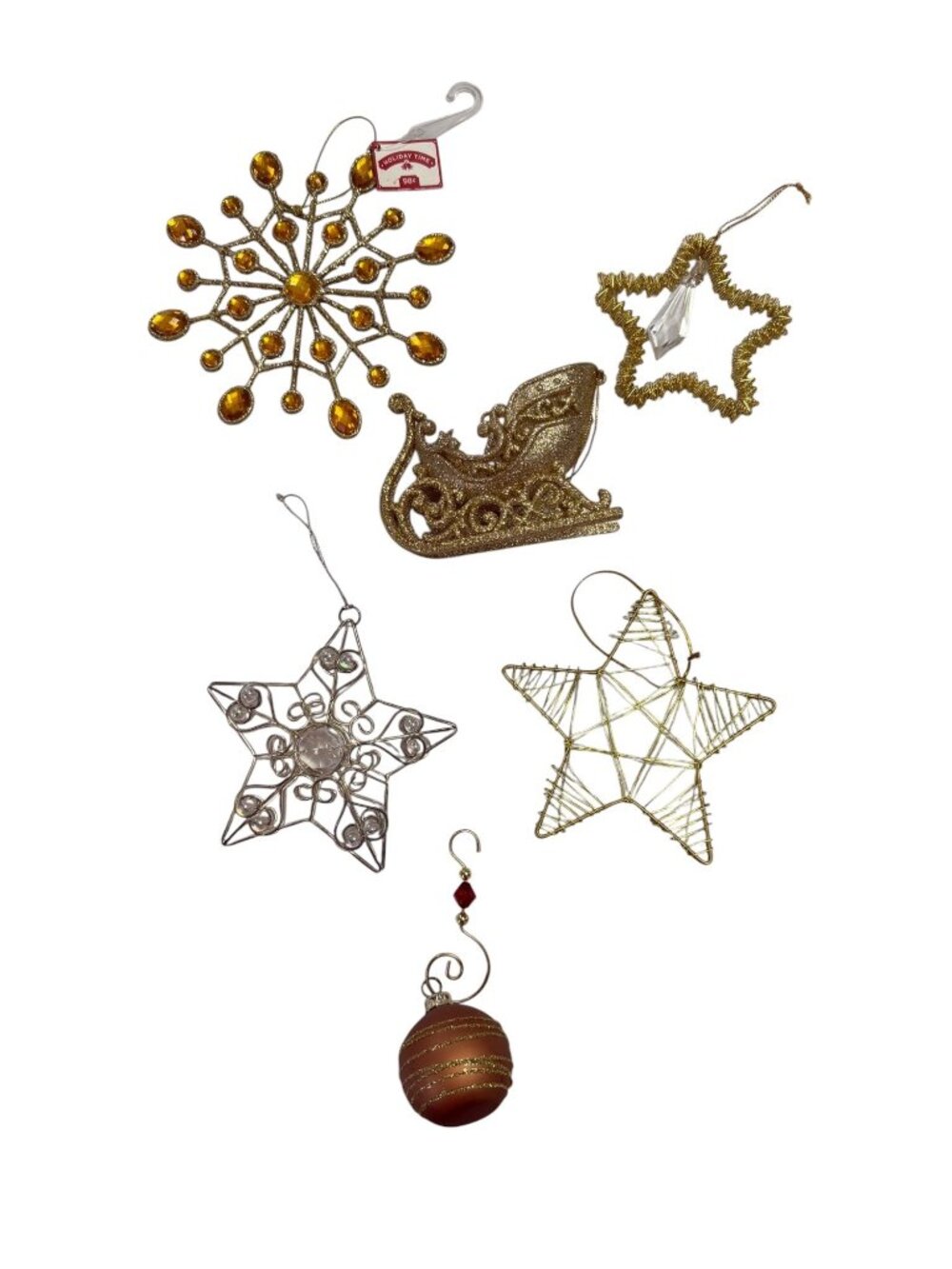 Mixed Christmas Ornament Lot Gold Silver Stars Sleigh Snowflake Jeweled 6 Pc